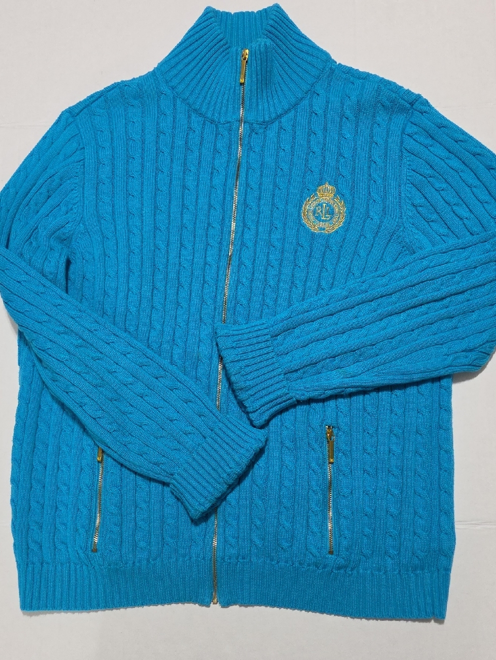 Ralph Lauren Turquoise Cable-Knit Zip Cardigan with Embroidered Crest